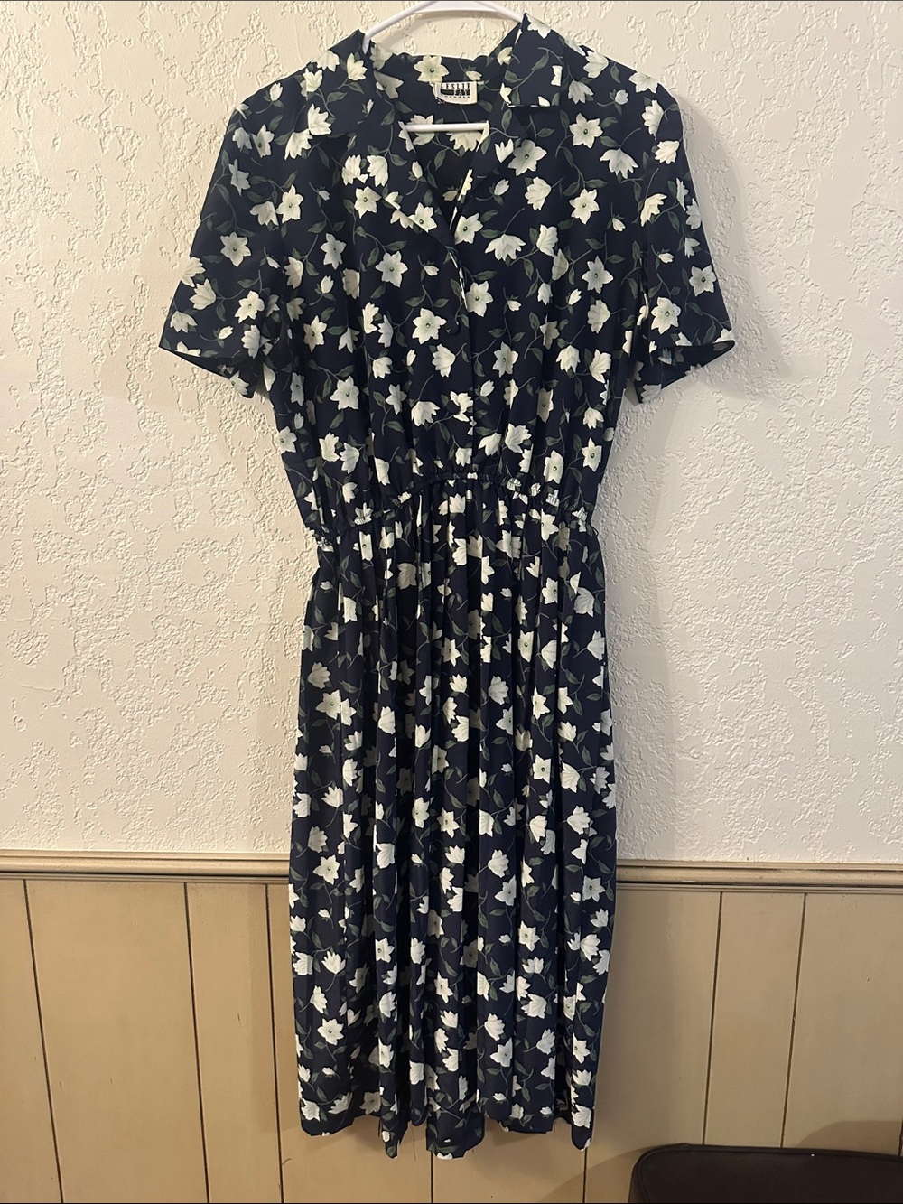 Vintage Leslie Fay Navy Midi Dress with White Floral Print